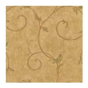  Leaf Vine Scroll Prepasted Wallpaper, Tan/Gold/Cocoa Brown/Moss Green