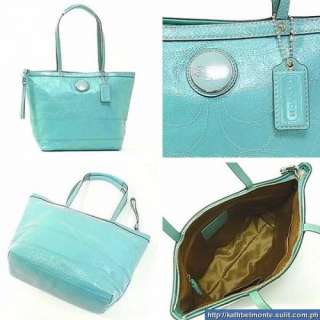Coach 15142 Signature Stripe Patent Leather Tote Bag BLUE (Turquoise 