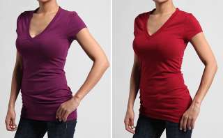 MOGAN Women/Junior Basic Plain Short Sleeve V NECK TEE Stretch Slim T 