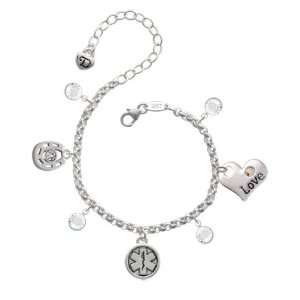 Silver Round EMT Sign Love & Luck Charm Bracelet with Clear Swarovski 