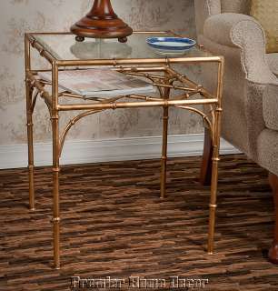 Tuscan Antique Gold Bamboo Iron Table Beveled Glass Top  