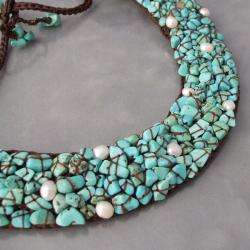 Handmade Mosaic Turquoise/ Pearl Collar Bib Necklace (Thailand 