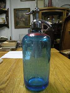 Old Blue Seltzer Water Bottle Rosens Etched Glass  