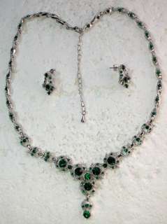   COLOR GREEN RHINESTONE CRYSTAL NECKLACE & EARRINGS SET H29  