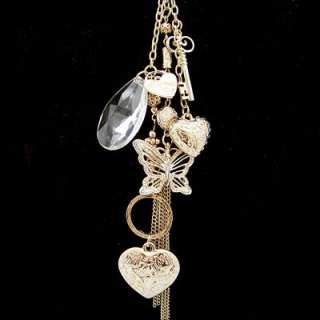   multiple pendants gold plated long necklace (key, butterfly, heart