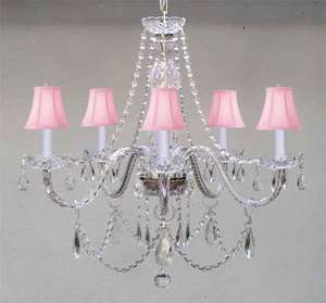 New AUTHENTIC ALL CRYSTAL CHANDELIER WITH PINK SHADES  