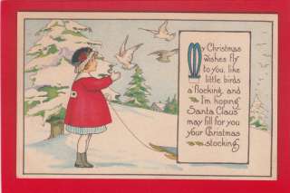 XM47 Small Girl Sled White Doves Vintage Chritmas Postcard  