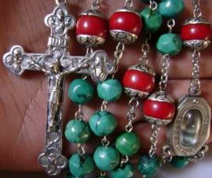 Real Turquoise & Coral Rosary Sterling 925 Silver Cross  