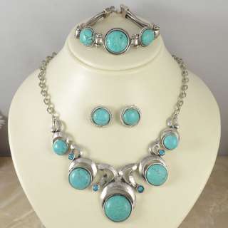   Tibetan Silver Turquoise Necklace Bracelet Earring Jewelry Set S06
