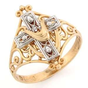  10k Two Tone Gold Cross Shroud Religious Filigree Ring 