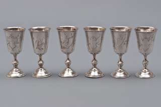 19th Century Russian silver set of 6 cups with engravings of ornament.