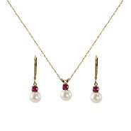 5mm Cultured Freshwater Pearl and Ruby Pendant and Earring Set 