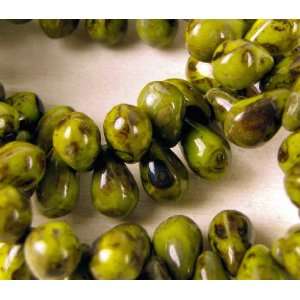   6mm Green Leaf Picasso, Czech Glass Drop Beads, (50) 