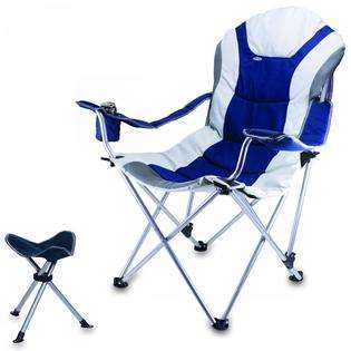 Picnic Time Reclining Camp Chair with Footrest, Navy/Silver Grey at 