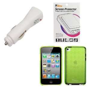  GTMax White USB Car Charger + Green Checker Gel Cover Case 