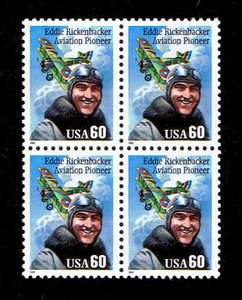   Pioneer Eddie Rickenbacker on Block of Mint U.S. Postage Stamps  