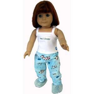   Light Blue Fuzzy Slippers. PJ Outfit fits 18 dolls like American Girl