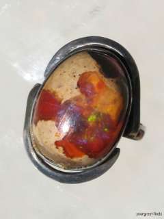 HUGE VINTAGE STERLING SILVER MEXICAN FIRE MATRIX OPAL RING  