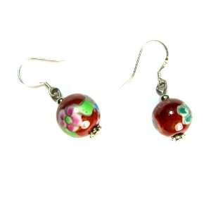  Red Porcelain Bead Earrings with Peony Flowers Jewelry