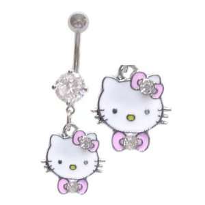 Hello Kitty Pink Double Bow w/ cz gem dangle Belly navel Ring piercing 