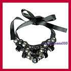 New Handcrafted Black Faux Onyx Ribbon Bib Necklace 060