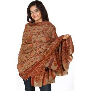 Khaki Kani Shawl with Stylized Flowers Woven in Multi Color Thread 