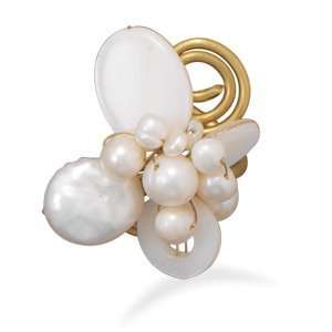    Cultured Freshwater Pearl and Shell Adjustable Brass Ring Jewelry