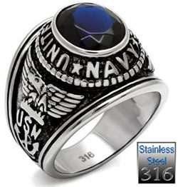 Mens Simulated Blue Sapphire CZ US Navy Military Stainless Steel Ring
