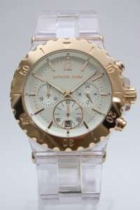 Michael Kors Women Oversize Rose Gold Chrono Clear Bracelet Watch 48mm 