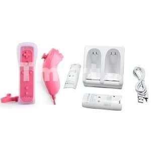   Dual Charger Station Dock + Remote and Nunchuk Controller for Wii Pink