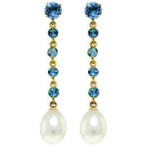   14k Gold Chandelier Earrings with Genuine Blue Topaz & Pearl: Jewelry