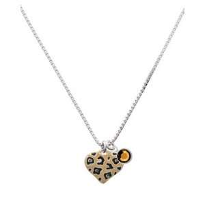  Tan Cheetah Print Heart Charm Necklace with Smoked Topaz 