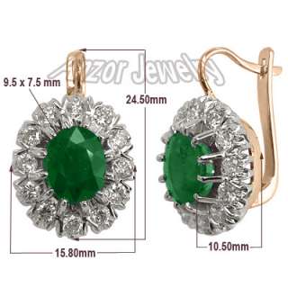   Jewelry Genuine Emerald & Diamond Earrings 14k Solid Two Tone Gold 585