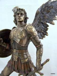 WOW Bronze Saint Michael Angel Policeman Badge Statue Figure Figurine 