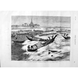  1875 WAR BURMAH BORE BOATS SITANG RIVER ANTIQUE PRINT 
