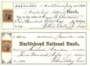 Early Checks, MARBLEHEAD NATIONAL BANK, Marblehead, MA., 1872 75 