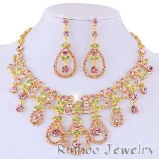 Pink Austrian Rhinestone Golden Necklace&Earrings set  