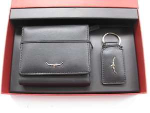   Williams Mens Black Leather Tri Fold Wallet and Leather Key Ring Set