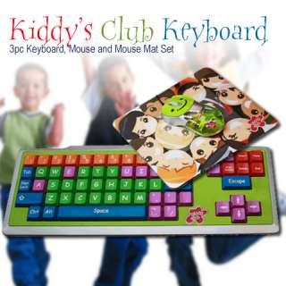 KIDS USB KEYBOARD MOUSE & MAT SET KIDDY CLUB 3PC COMPUTER CHILDRENS 