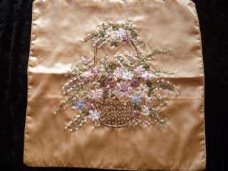 Vintage Look Gold French Knot Basket Ribbon Embroidered Cushion Cover 