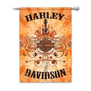 Harley Davidson Flag with Iconic Brand Symbols and Colors  
