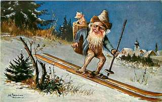 Fantasy Artist Signed 1905 Elf Skiing Pig in Basket Vintage Postcard 