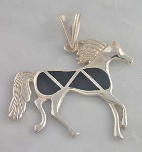 Sterling Silver Onyx Inlay Running Horse Pendant  