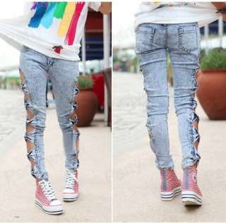 Vintage Sexy Side Bow Cutout Ripped Denim Jeggings Woman Jeans 
