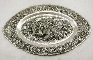 Indian Coin Silver Dragon & Battling Warriors Tray c1900 Rare Signed 