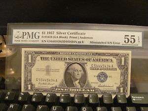SERIES 1957 SILVER CERTIFICATE Fr#1619 MISMATCHED S/N ERROR PMG 55 