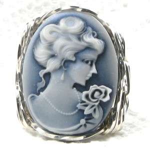 Shimmer Blue Lady Rose Cameo Ring Sterling Silver  