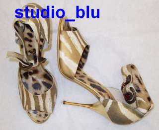  ROBERTO CAVALLI Gold Leather Zebra Jewel Snake Shoes 40
