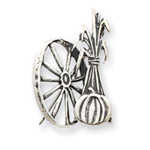  Sterling Silver Antiqued Wagon Wheel and Cornstalks Pin Jewelry