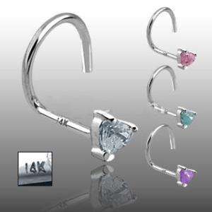 14K Solid WHITE GOLD Heart Gem NOSE SCREW RINGS Jewelry  